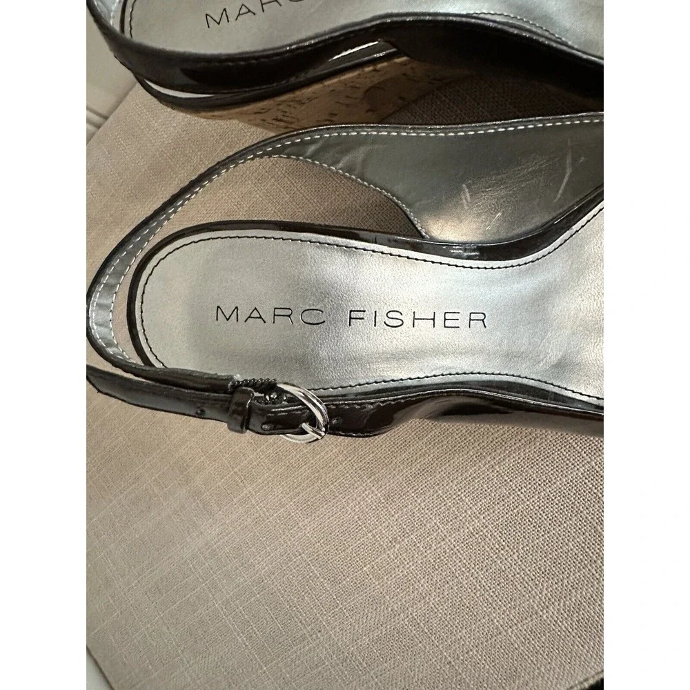 Marc Fisher Brown Patent Faux Leather Cork Wedges,‎ Open Toe, Size 8.5M